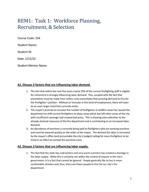 C234 Workforce Planning Recruitment And Selection Task 1 Rem1 Task