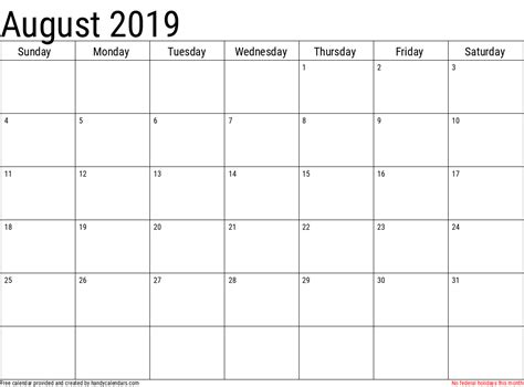 August 2019 Calendar With Holidays Handy Calendars