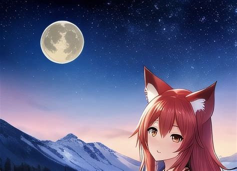Anime Red Fox Girl Kneeling By The Lake Under The Moon Etsy