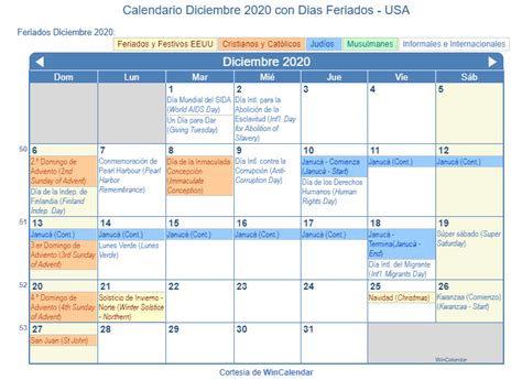 Calendario Diciembre 2020 Para Imprimir Estados Unidos