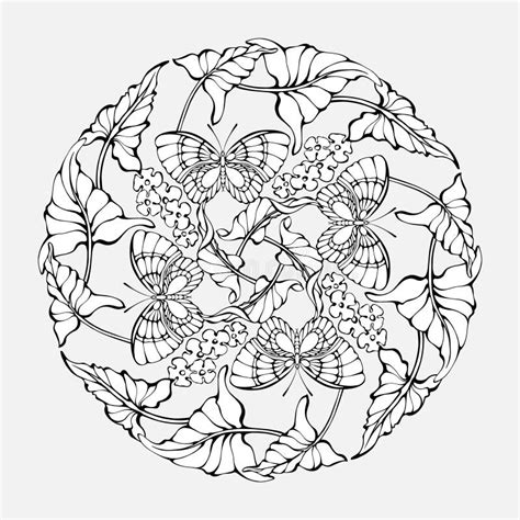 Floral Outline Mandala With Butterflies And Plants Coloring Page