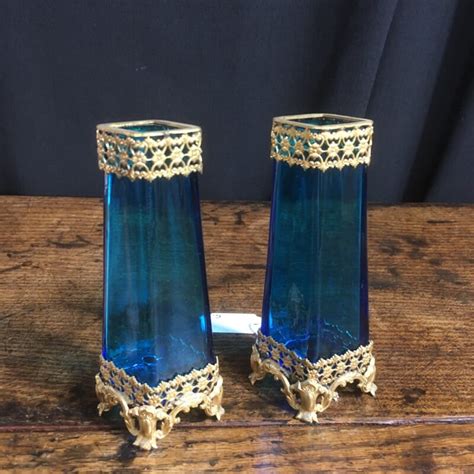 Pair Of French Blue Glass Vases Gilt Metal Mounts C 1900 Moorabool Antique Galleries