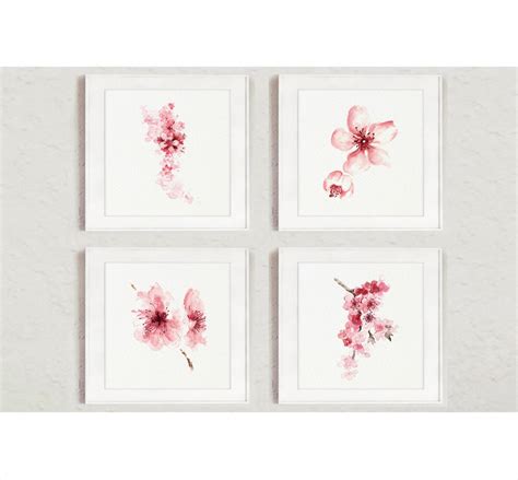 Cherry Blossom Set 4 Abstract Flower Art Print Pink Shabby Etsy