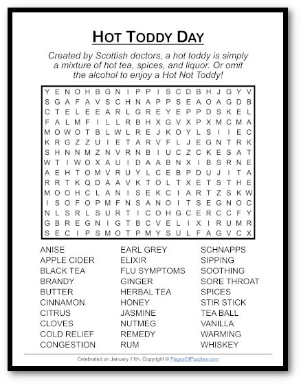 Hot Toddy Day Word Search Puzzle Pages Of Puzzles