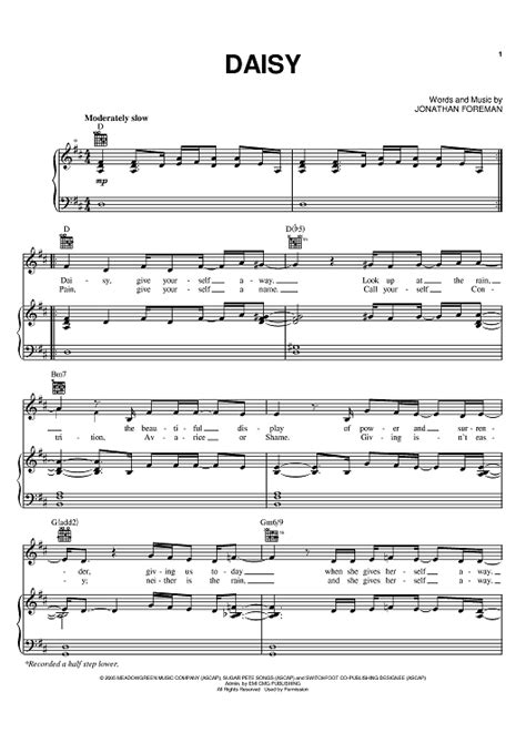 Daisy Sheet Music By Switchfoot For Pianovocalchords Sheet Music Now