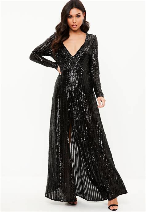 Missguided Black Sequin Plunge Long Sleeved Maxi Dress Flowy Dress
