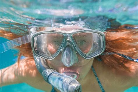 Portrait Of Blonde Young Woman Wearing Scuba Diving Mask By Ibexmedia