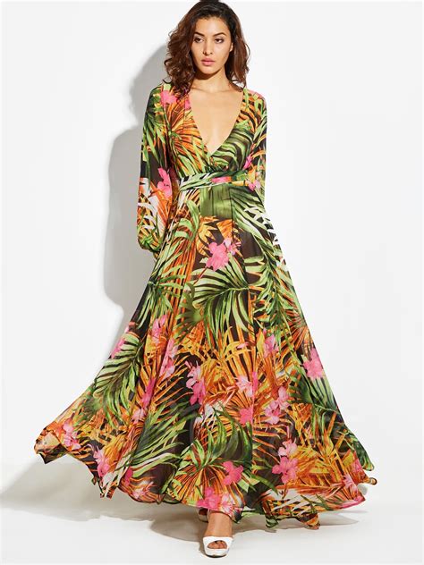 Floral Print V Neck Bishop Sleeve Vacation Women S Maxi Dress