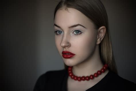 Women Blonde Blue Eyes Face Pierced Nose Red Lipstick