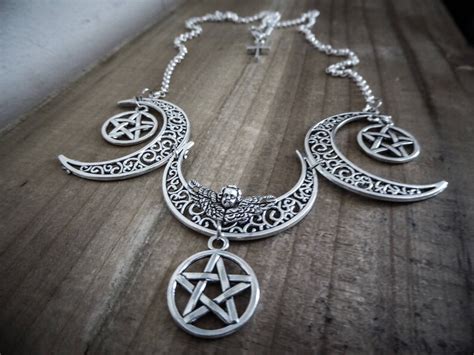 Triple Moon Silver Goth 666 666 Pagan Pentagram Necklace Etsy