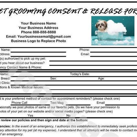 Pet Grooming Consent And Release Form Version 2 Pet Grooming Etsy