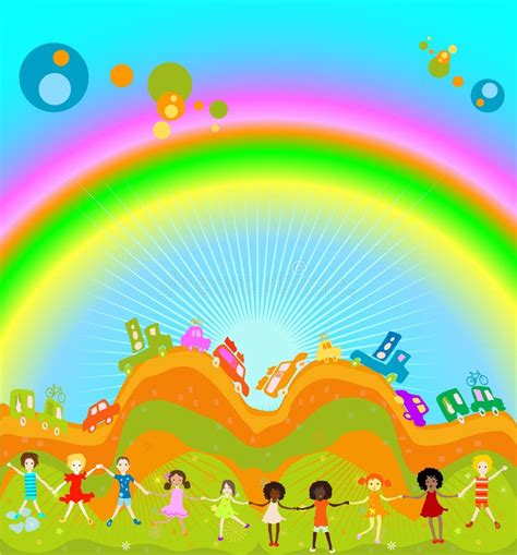 Kinder Und Regenbogen Vektor Abbildung Illustration Von Grün 3467235