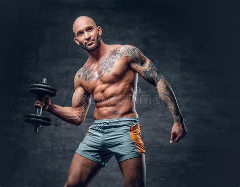 Portrait Of Shaved Head Fighter Over Grey Background Stock Image Image Of Body Power