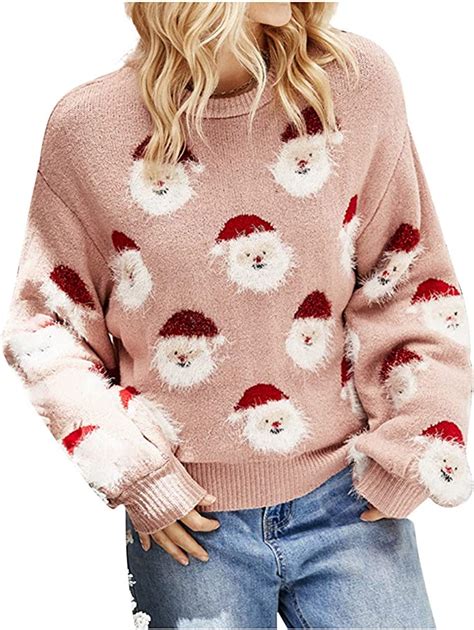 Fashion Women Long Sleeve O Neck Christmas Santa Print Loose Knit