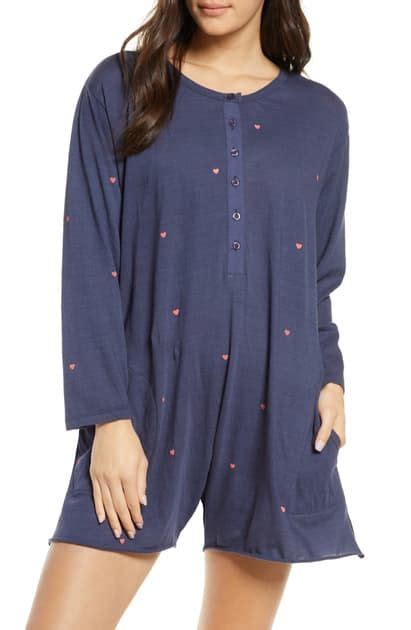 The Great The Henley Pajama Romper In Navy W Valentine Hearts