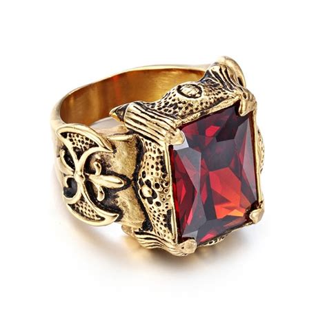 S Gothic Punk Plated Gold Ruby Biker Ring Rebelsmarket