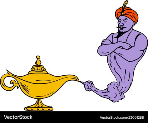 Genie Coming Out Of Golden Oil Lamp Drawing Color Vector Image