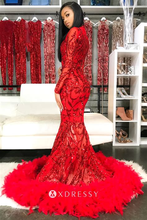 Red Sequin Feather Black Girl Mermaid Prom Dress Xdressy