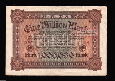 1923 Germany Reichsbanknote 1000000 1 Eine Million Mark Banknote