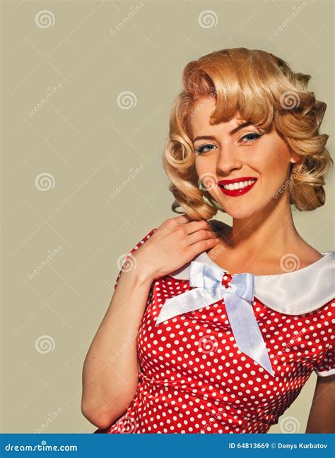 smiling portrait retro pinup woman stock image image of hairstyle blonde 64813669
