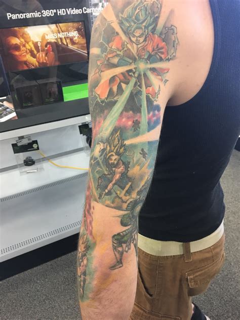 I really dig the various visages of the characters, like a split screen prior to a fight, while the cute image goku and saiyan finger fighting tattoo features great shading and cleanly executed fine lines. Dragon Ball Z sleeve I saw came into work today : dbz