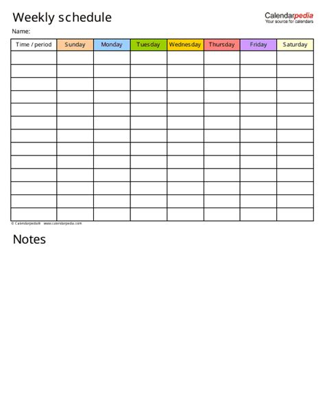 Multicolored Weekly Schedule With Notes Template Calendarpedia
