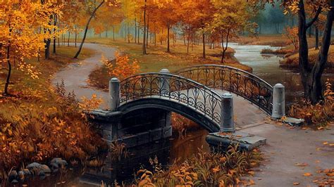 自然、 絵画、 秋、 葉、 橋、 木、 小川、 風景、 川、 公園、 アート、 アートワーク、 Hdデスクトップの壁紙