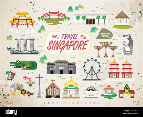 Singapore Must See Attractions Collection In Flat Style Stock Vector
