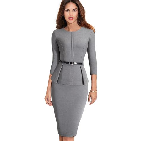Autumn Winter Classic Women Business Dress Elegant Sashes Solid Color Bodycon Work Career Office
