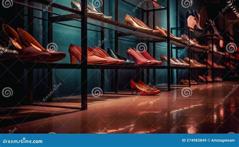 Assortment Of Shoes On The Showcase Of A Shoe Store Al Generated Stock