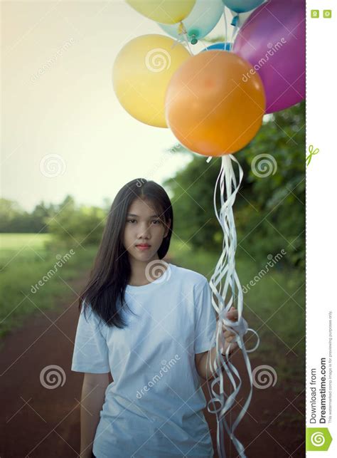 Asian Girl Alone Holding Balloon Colorfull Stock Image Image Of Life Girl 74643877
