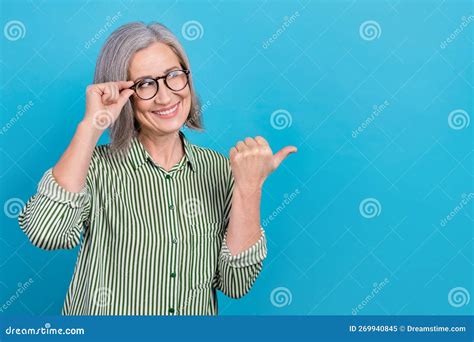 Portrait Of Charming Positive Lady Hand Touch Glasses Look Direct