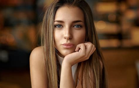 Photo Wallpaper Girl Model Long Hair Brown Hair Brown Hair Blue