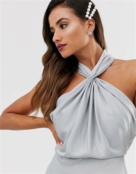 Asos Edition Satin Ruched Halter Neck Maxi Dress In Ice Blue Asos