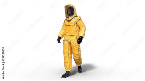 Man Wearing Yellow Protective Hazmat Suit Human With Gas Mask Dressed