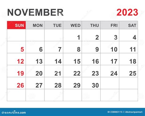 Calendar 2023 Template November 2023 Layout Printable Minimalist
