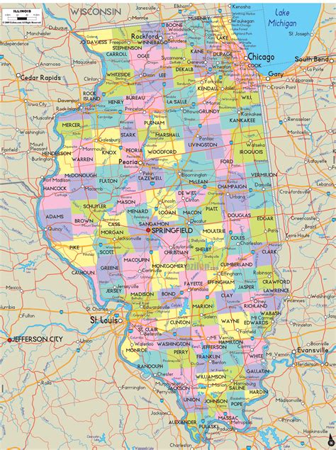 Map of Illinois with good outlines of cities, towns and road map of ...