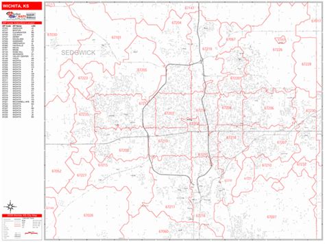 Wichita Kansas Zip Code Wall Map Red Line Style By