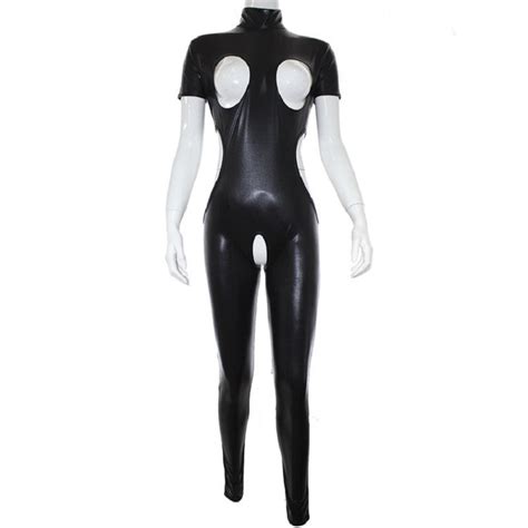 Women Wetlook Leather Cupless Crotchless Jumpsuit Catsuit Open Breast