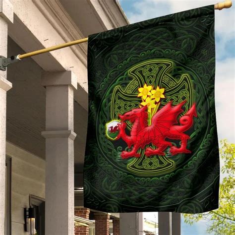 Welsh Dragon With Celtic Cross And Daffodils Flag The Symbols Of Wales