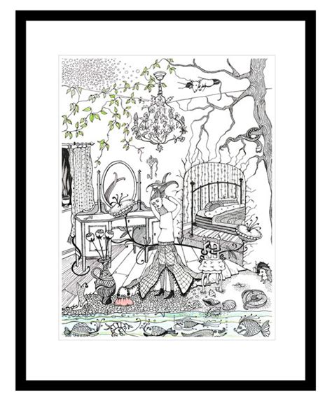 Whimsical Black And White Art Print With A Girl In Her Room Etsy