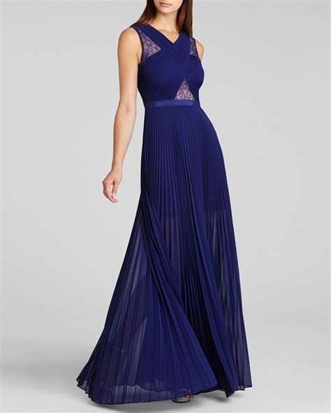 Lyst Bcbgmaxazria Gown Caia Pleated Chiffon And Lace In Blue