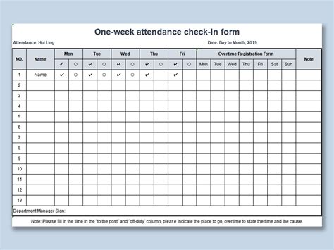 Excel Of One Week Attendance Check In Formxlsx Wps Free Templates