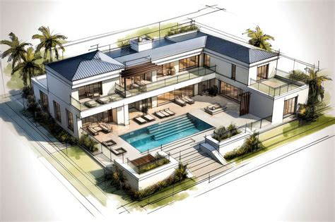 Upscale Luxury Villa With Swimming Pool Architect Sketching Plan Free