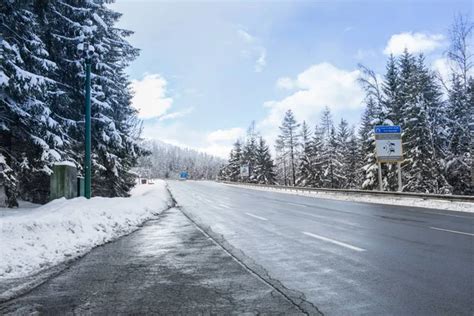 Scenic View Empty Frozen Road Covered Snow Beautiful Winter Season