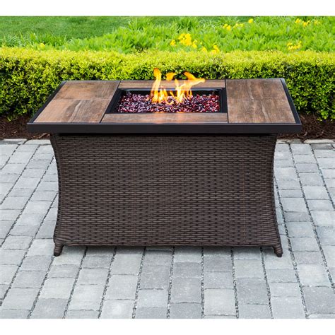 Hanover 40000 Btu Woven Fire Pit Coffee Table With Woodgrain Tile Top