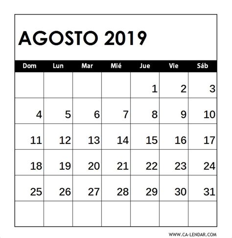 Plantilla De Calendario Agosto 2019 Para Imprimir Ca Lendarcom