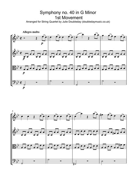 Mozart Symphony No 40 In G Minor Kv 550 Mov 1 For String Quartet Score And Parts Sheet