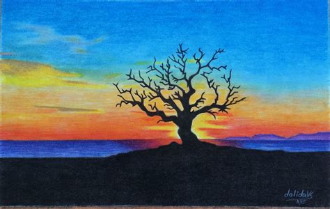 Sunset is a very romantic phenomenon when the day gives way tonight, you can sit and take a break from day problems, dream. Sunset drawing | A drawing done with colored pencils on ...