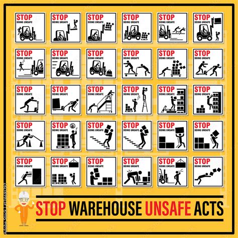 Set Of Safety Signs And Symbols Of Warehouse Unsafe Acts Stop Doing